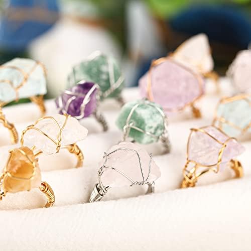 8 חתיכות צ ' אקרה קריסטל טבעת ריפוי קריסטל טבעת מתכוונן חן טבעות נחושת חוט עטוף טבעת סדיר צבעוני פנינה טבעת עבור נשים ובנות