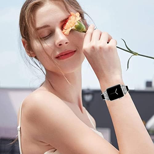 להקות Bling תואמות להקת Apple Watch 38 ממ 40 ממ 41 ממ 42 ממ 44 ממ 45 ממ 49 ממ נשים, רצועת יהלום דק -דק עם עור Iwatch לסדרה