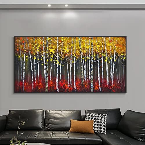 ציור דקורטיבי בסלון ספה רקע רקע ציור שמן צבוע ביד-ציור סכין גולדן ואדום עצי יער סופר עבה נוף ענק קיר קיר קיר עיצוב קיר