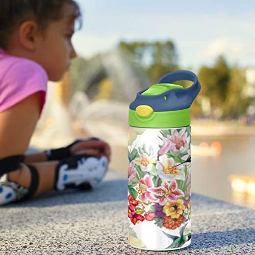 פרחי ציפורים בקבוק מים לילדים, בקבוק מים מבודד נירוסטה ללא BPA, בקבוק מים עם מכסה קש כפול בקווי דליפה כפולים לבקבוק בנות פעוטות