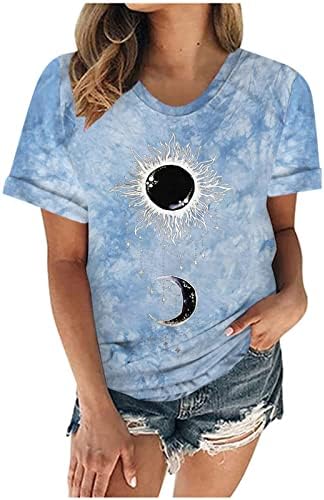 Tops Verano Manga Corta Mujer Camiseta Tinte Corbata Camiseta Estampado luna y sol blusa tipo túnica cuello redondo