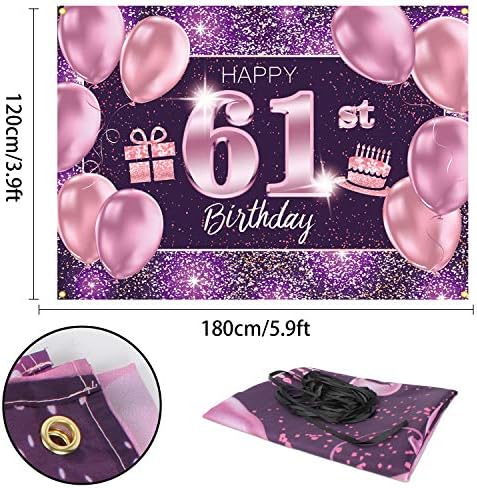 תפאורת באנר ליום הולדת 61 יום הולדת של פאקבום - 61 קישוטים למסיבות יום הולדת ציוד לנשים - זהב סגול ורוד 4 x 6ft