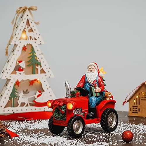 Dusvally חג המולד סנטה וטרקטור צלמית פסל שולחן שולחן עם מתנה מוארת LED לילד ומבוגרים, מכונית אדומה וינטג