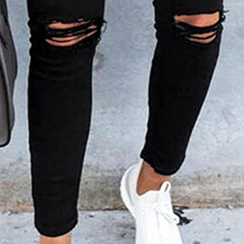 נשים של עלייה גבוהה קרע סקיני ג 'ינס מזדמן נהרס שחור עיפרון ז' אן בכושר רזה למתוח במצוקה ג ' ינס מכנסיים