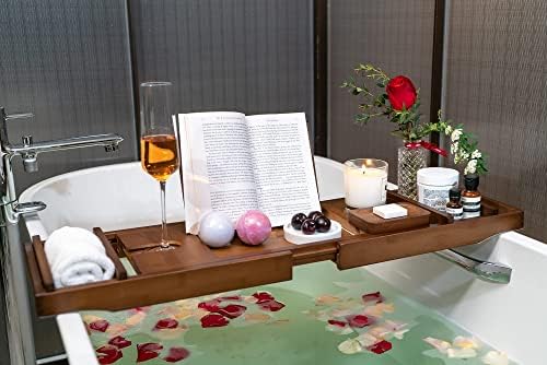 אמבטיה מגש, במבוק נושא כלים עם להרחבה ידיות יין זכוכית טלפון מחזיק ספר סטנד לאמבטיה יוקרה אמבטיה אביזרי ייחודי מתנת