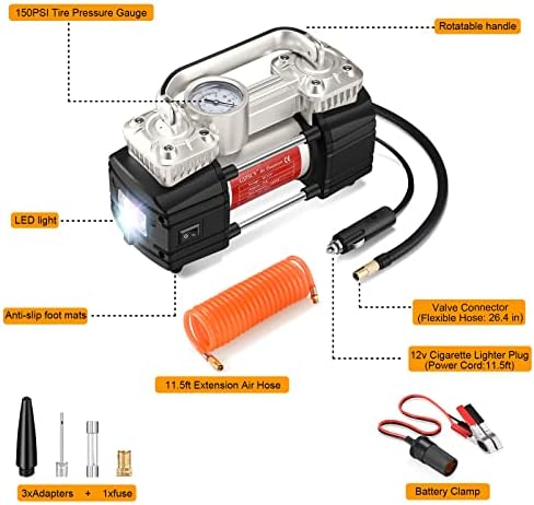 Gspscn משאבת מדחס אוויר נייד גליל כפול גליל כבד צמיג צמיג עם נורת LED, 150 psi משאבת אוויר 12 וולט עם ערכת