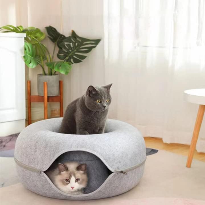מיטת מנהרת חתולים, מיטת מערת חתולים, מיטות לחתולים מקורה עם 3 צעצועים-בית חתולים גדול למערת חתולים לחיות מחמד, דירת סופגנייה