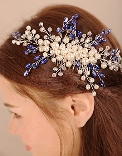קסרלינג כחול קריסטל שיער צד מסרק לחתונה אבני חן פרל שיער אביזרי עבור כלות כלה בציר שיער מסרק כיסוי ראש לנשים