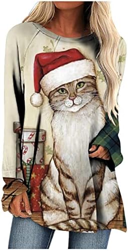 חולצת טוניקה של חג המולד לחג המולד לחתול חמוד מודפסים שרוול ארוך צוואר צוואר טריקו רופף טריקו סוודר חג המולד ארוך