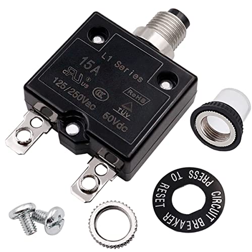 מפסק כפתורים חשמלי 15 אמפר 125/250 וולט, מגן עומס תרמי סדרת ל1 עם מסופי חיבור מהיר וכובע כפתור עמיד למים ל1-ל-15 א
