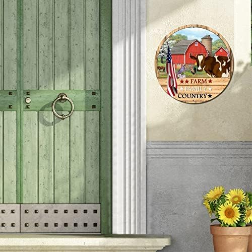 שלט מתכת עגול לוח כפרי עץ כפרי חווה חוות משפחת כפרי פטריוטי ארהב דגל ובעלי חיים חוות חווה וינטג 'שלט חדר קיר שלט קיר