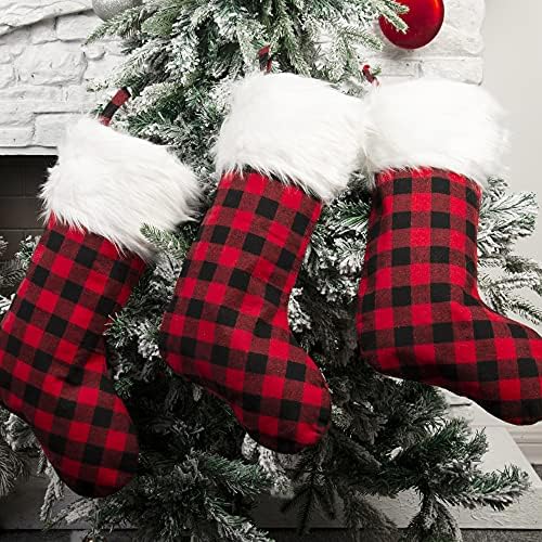 גרבי חג המולד, 3 חבילות 18 גרבי חג המולד גדולים, גרב משובץ באפלו אדום ושחור קלאסי לעיצוב מסיבת חג חג המולד