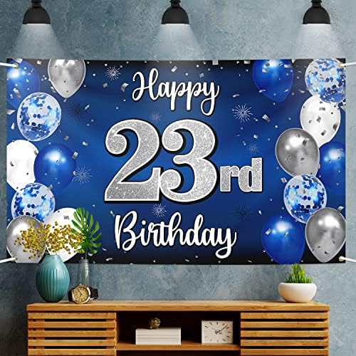 Nelbiirth שמח קישוטי יום הולדת 23, בלון כחול וכסף 23 שלט תפאורת באנר יום הולדת גדול, ציוד למסיבות 23 של Bday.