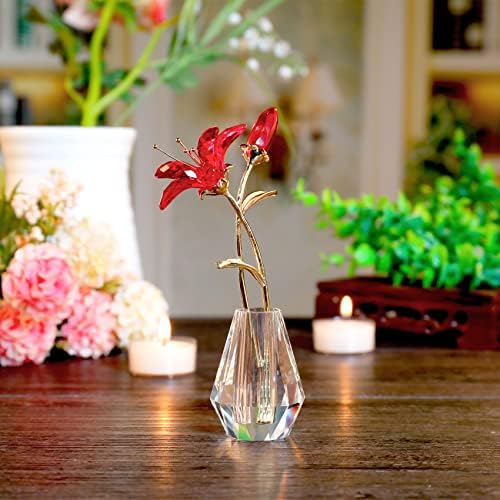 פרח שושן נמר קריסטל עם אגרטל גזע מתכת שושן אדום פרח אספנות מתנות לאמא, פסלונים מלאכותיים של לילית פרחים מזכוכית לעיצוב