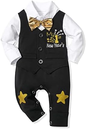 AGAPENG BABY BOY תלבושת לשנה החדשה השנה הראשונה המאושרת שלי 2023 ג'נטלמן רומפר רומפר סרבל שרוול ארוך עם עניבת פרפר 0-12 חודשים