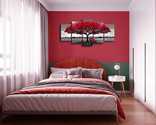 אדום עץ בד קיר אמנות סלון דקור-טבע קיר אמנות-אדום ושחור יער קיר תמונות-בד הדפסי נוף ציור מודרני יצירות אמנות עבור שינה