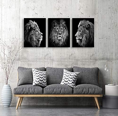 קיר אמנות שחור ולבן האריה ראש דיוקן קיר אמנות ציור תמונות הדפסת 3 חתיכות בד בעלי החיים עבור חדר שינה סלון משרד קיר תפאורה