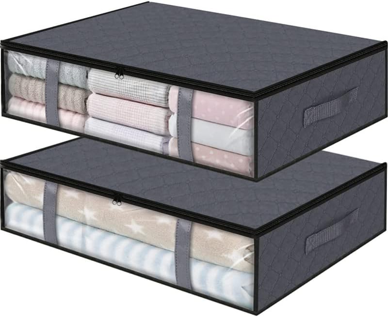 Resszo מתחת למיטה מיכלי אחסון, 100 ליטר קיבולת גדולה מארגן שקיות אחסון, שקיות תחתיות מתקפלות עם חלון ברור וידיות מחוזקות