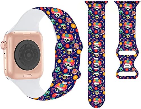 להקות קריקטורה של גולגולת פרחים ליל כל הקדושים תואמות להקת Apple Watch 38 ממ 40 ממ 41 ממ, רצועת סיליקון רצועות