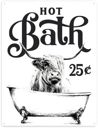 Berrii Bath Bath 25 סנט היילנד פרה צבעי מים בצבע לבן טופר רגל אמבטיה מתכת שלט פח רטרו וינטג 'חווה חווה בר