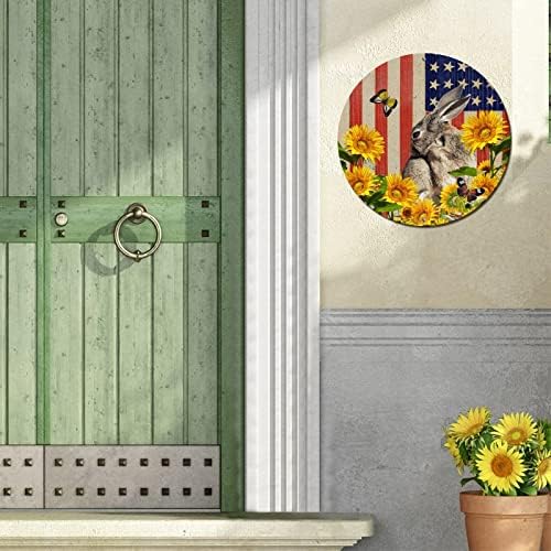 שלט מתכת עגול פח מעוגל כוכבים אמריקאים פטריוטיים ופסים ארנב דגל וחמניות שלט זר וינטג