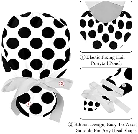 כובעים רפואיים של Lorvies לנשים עם כפתורים שיער ארוך, כובע עבודה מתכוונן 2 חלקים, נקודות פולקה שחור לבן