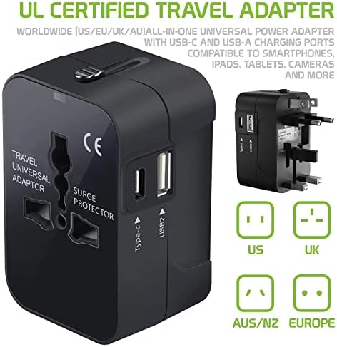 Travel USB פלוס מתאם כוח בינלאומי תואם את Lava Iris Selfie 50 עבור כוח עולמי לשלושה מכשירים USB Typec, USB-A לנסוע בין ארהב/איחוד
