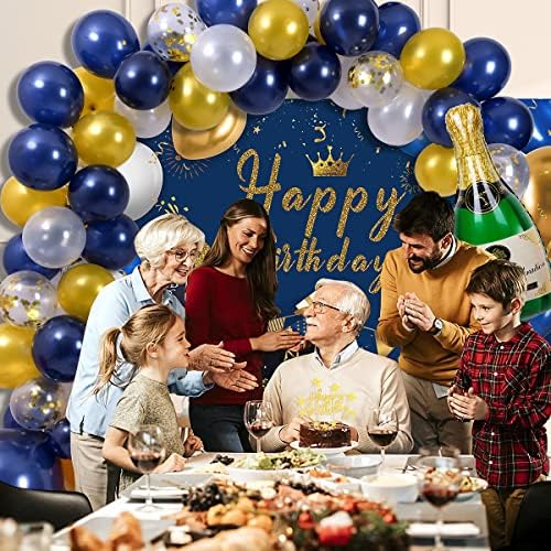 Movinpe נייבי כחול זהב קישוטי מסיבת יום הולדת, צילום יום הולדת תפאורה באנר מסיבת מפת שולחן קונפטי בלונים קשת טופר עוגת