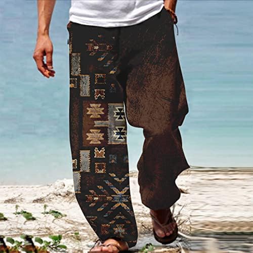 אופנה לגברים מכנסי פשתן כותנה מזדמנים רופפים מודפסים מכנסי חוף יוגה רחבים עם כיסים