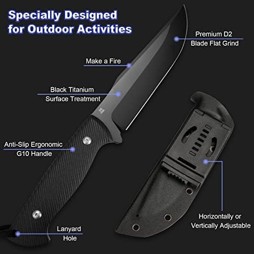 KOMWERO חיצוני סכין ציד של להב קבוע, חדה 11 D2 Titanium Titanium Steel סכין טאנג מלא עם נדן קידקס, ידית G10 ללא החלקה להשרפת
