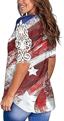 חולצת טלאי תחרה לנשים קיץ מזדמן V צוואר דגל אמריקאי טופ 4 ביולי חולצה טי שרוול קצר פטריוטי
