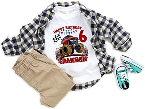 יום הולדת שמח ילד בהתאמה אישית שם וגיל חולצה, נושא משאית מפלצת חולצת שם מותאם אישית, חולצת פעוטות לתינוק, יום הולדת