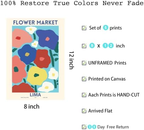 כחול פרח הדפסי אמנות קיר פרח שוק פוסטר סט של 6 הדפסים לעיצוב בית צבעוני פרחוני וול דקור 8 על 12 אינץ ' לא ממוסגר