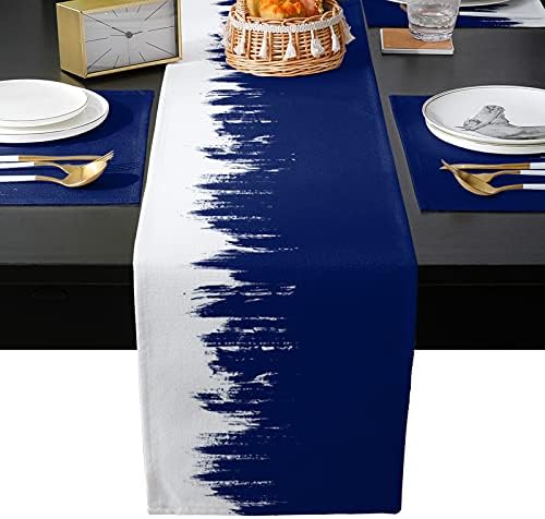 כחול כהה לבן מרקם מפית עם התאמת שולחן רץ כותנה פשתן יוטה שולחן קפה מחצלת למעלה סט, מופשט מודרני 6 יחידות מקום מחצלות + 13