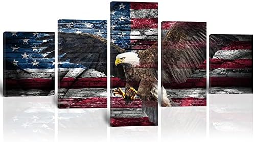 קיר אמריקאי דגל קיר אמנות בציר ארהב דגל עם קירח נשר קיר תפאורה 5 חתיכות רטרו צבאי בד הדפסת ציור מגניב נשר מתפשט