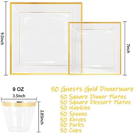 ווליף 350 יחידות כלי אוכל מרובעים מפלסטיק זהב, צלחות פלסטיק חד פעמיות מזהב, כולל: 50 צלחות ארוחת ערב10. 25,