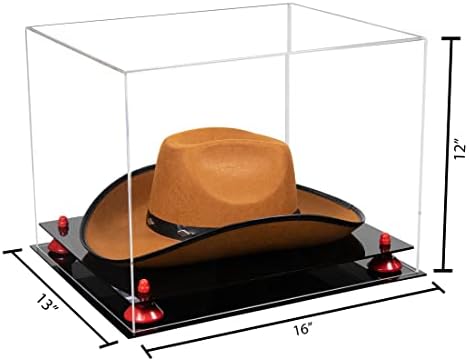 מקרי תצוגה טובים יותר מארז תצוגה של כובע קאובוי אקרילי עם מקרה ברור, מגדלים אדומים ובסיס שחור - 16 x 13 x 12
