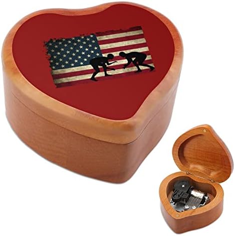 נודקיו ארהב דגל ארהב היאבקות 1 קופסת מוסיקה עץ צורת לב בצורת וינטג '.