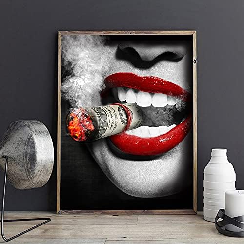 עישון אישה אדום שפתיים כסף פוסטר הדפסת שמן ציור קיר תמונות לסלון לצייר ליבה ללא מסגרת מראות מתקדם שמן ציור