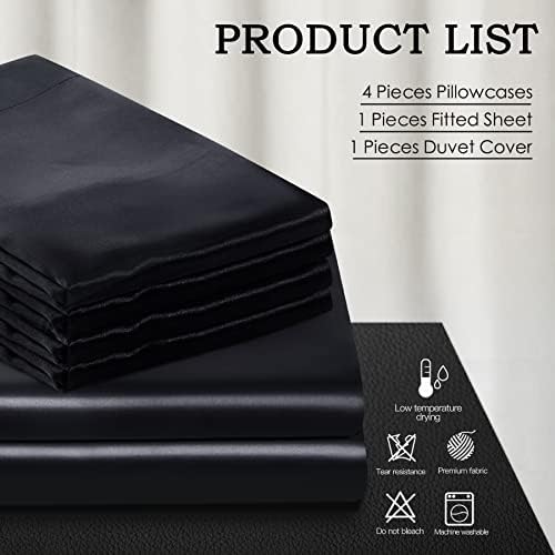 Manyshofu 6PCS שחור כיסוי שמיכה סאטן סט קווין מידה עם סדין מצויד בסאטן - לא שמיכה, מכסה שמיכת שמיכה משיי עטיפות