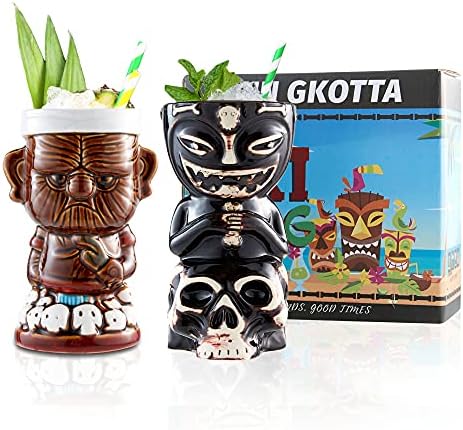 Sun Gkotta Tiki ספלים סט קוקטייל סט של 2 - ספלי מסיבות הוואי קרמיקה כלי שתייה, בר טיקי בר המסיבות ההוואי המקצועי