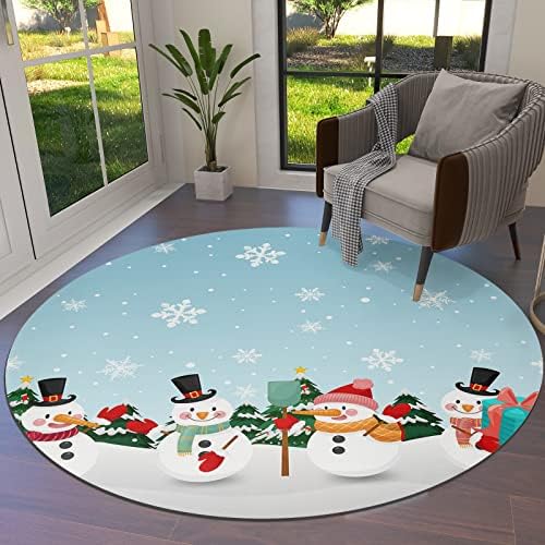 שטיח אזור עגול גדול לחדר שינה בסלון, שטיחים 5ft ללא החלקה לחדר ילדים, חג המולד מצויר מקסים שלג איש שלג