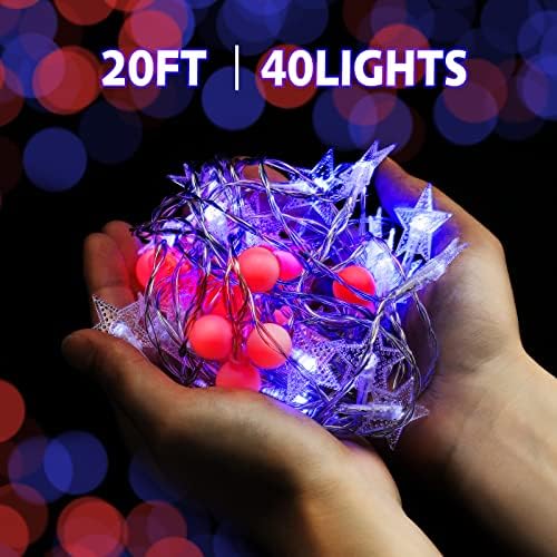 קיטמיפ קישוטי 4 ביולי אורות אדומים לבנים וכחולים 20 רגל 40 נורות LED LED נורות קישודים פטריוטיים פיות כוכב
