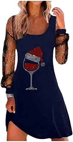 נשים חג המולד יין זכוכית ריינסטון טוניקת שמלות רשת צרוף ארוך שרוול חולצה שמלת סקופ צוואר חג מיני שמלה