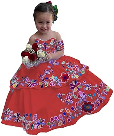 פרח גרקסקימינג רקום שמלות מיני קווינצ'יאנרה מקסיקניות לילדות קטנות שמלת כדור תחרות שמלת שמלת כדור מהכתף