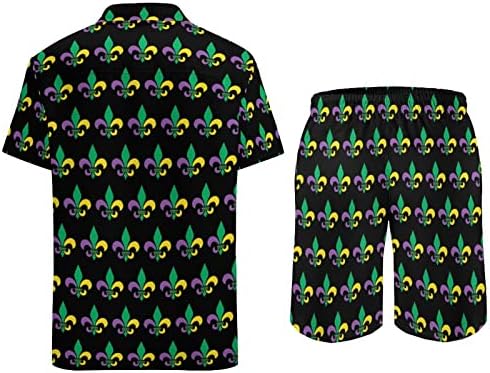 WeedKeycat Mardi Gras Fleur de Liss Men's Beach תלבושות 2 חלקים כפתור הוואי למטה חולצה עם שרוול קצר ומכנסי תא מטען