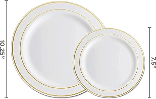 מונפיקס 60 חתיכה פלסטיק מסיבת צלחות לבן זהב רים, 30 פרימיום כבד החובה 10.25 אינץ ארוחת ערב צלחות 30 חד פעמי 7.5 אינץ קינוח