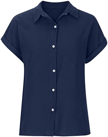 חולצת טשטורה עליונה לנשים סתיו קיץ שרוול קצר פשתן כותנה כותנה צוואר גבוה כפתור כלפי מעלה טי בסיסי 2x 2x