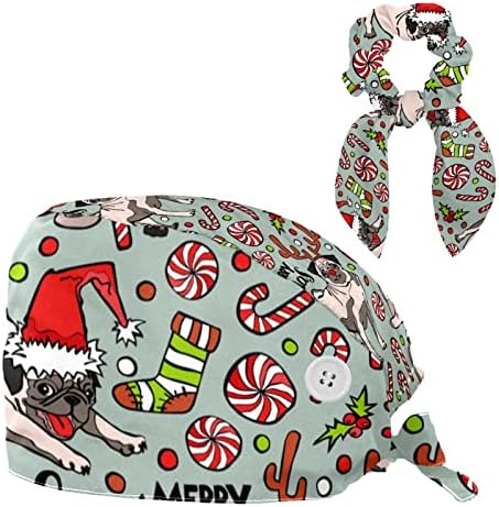 כובע עבודה מקסים של כלבי חג המולד ממתקים עם כפתורים כובע בופנט מתכוונן כובע קרצוף יוניסקס עם שיער קשת