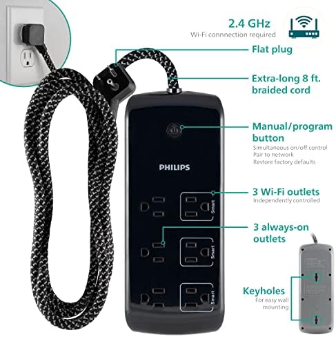 Philips 6-Outlet Wi-Fi Surge מגן, חוט קלוע 8 רגל, מתח חכם, שליטה פרטנית, תואם לאמזון אלקסה ועוזרת גוגל, אין צורך ברכזת,